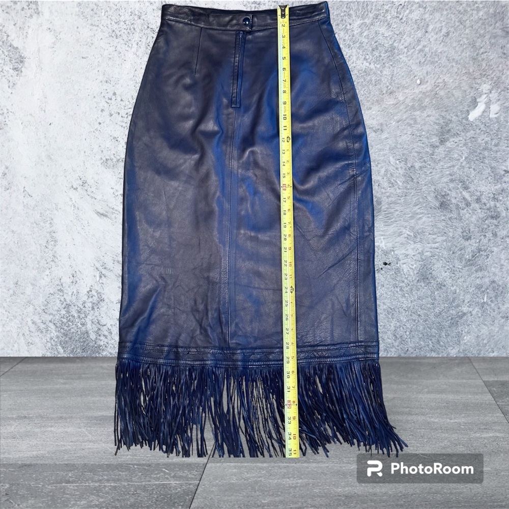 Continental baby soft lamb skin leather fringe skirt Indigo blue. NWOT cowgirl - Picture 13 of 17